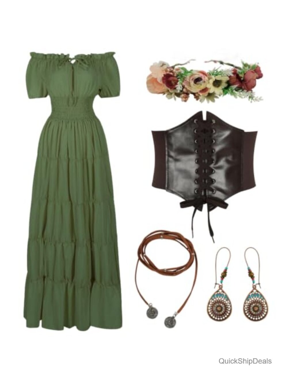 Renaissance Medieval Fairy Dress Costume Set with Corset Crown